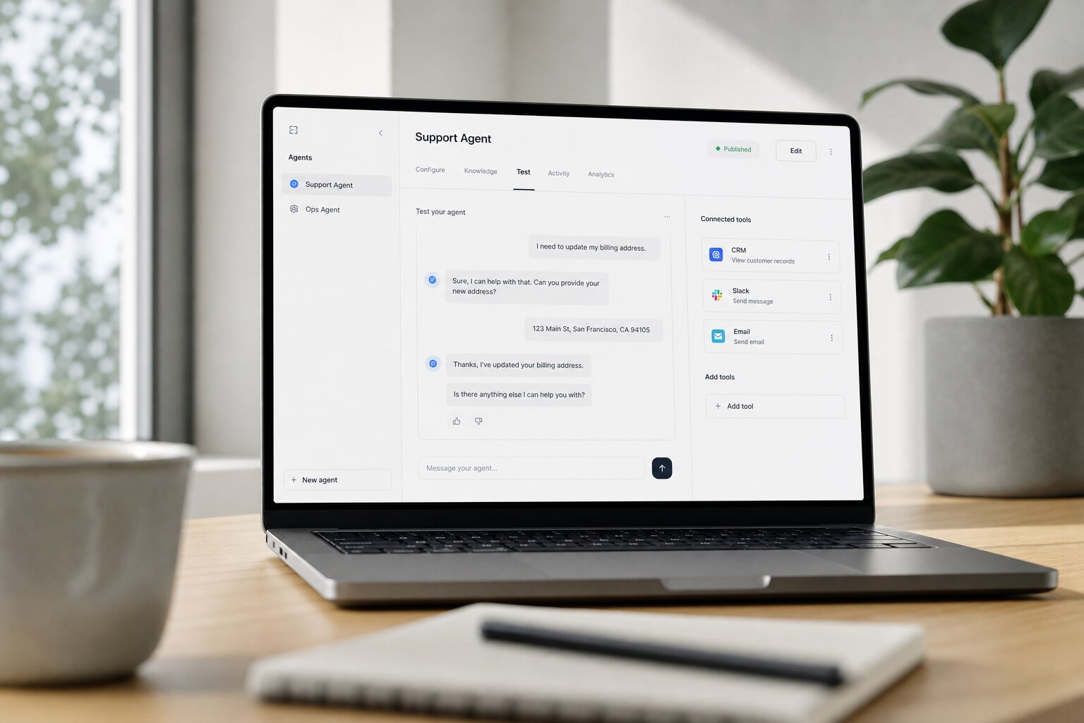 Laptop showing a custom business AI agent interface